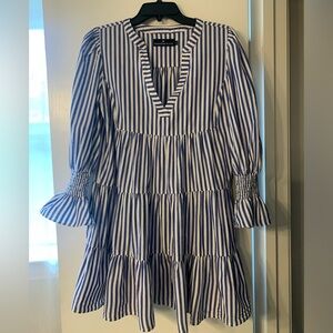 Tuckernuck Pomander Place Navy and White Striped Tiered V-Neck Dress